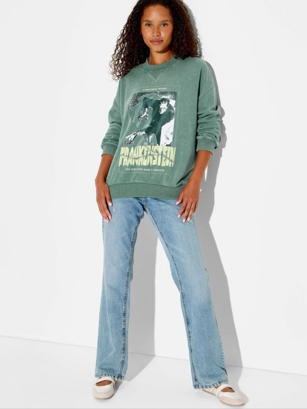 Women's Crewneck Frankenstein Graphic Pullover Sweatshirt - Sage Green L